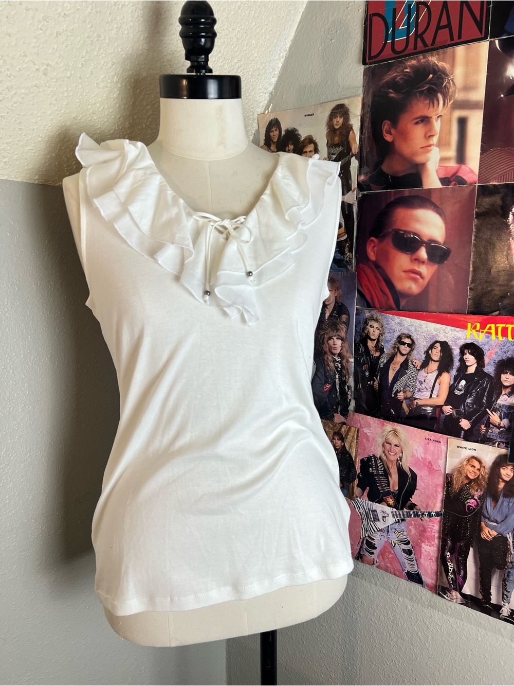 Chaps White Ruffle Tie-Front Tank